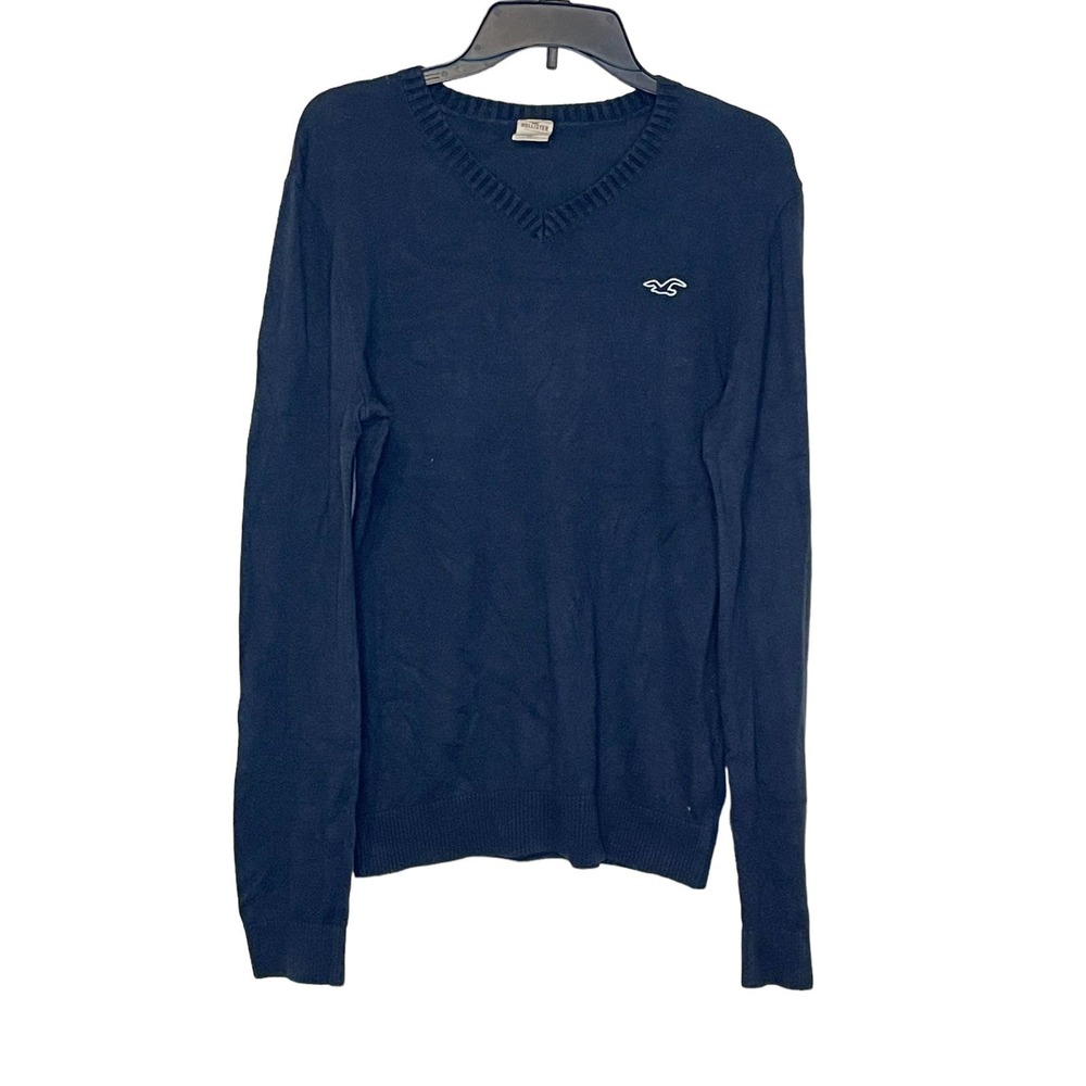 Hollister Men's Sweater Long Sleeve Logo Pullover V-Neck Navy Blue Size Medium